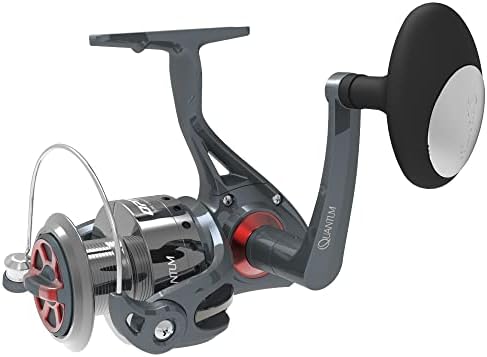 Quantum Optix Spinning Fishing Reel, Size 80 Reel, Changeable Right- or Left-Hand Retrieve, Aluminum Spool, Stainless Steel Bail Wire, Quickset Anti-Reverse, 4.9:1 Gear Ratio, Silver, Clam Packaging