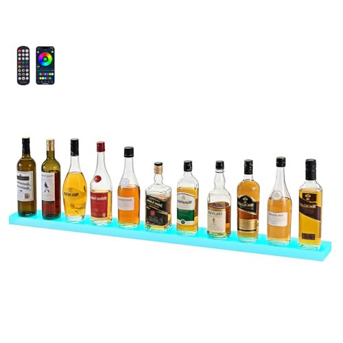 VEVOR LED Lighted Liquor Bottle Display, 1 Tier 48 Inches Whiskey Rack, Supports USB, Illuminated Home Bar Shelf with RF Remote & App Control, 7 Static Colors, Acrylic Lighted Shelf for 12 Bottles
