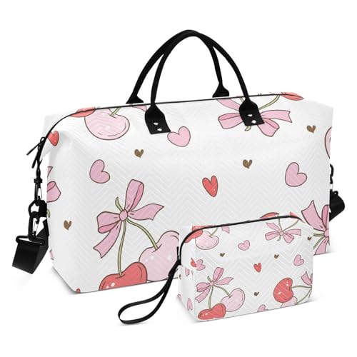 Red and Pink Cherry Pattern Duffle Bags for Women Men Waterproof Weekender Overnight Bags Hospital Bag Large Tote Bag with Toiletry Bag for Yoga Gym Travel Sport Hospital