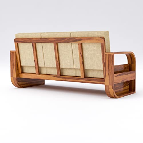 Image of Douceur Furnitures Solid Sheesham Wood 3 Seater Sofas | Three Seater Sofa for Living Room, Cafe, Office | (Honey Teak Cushion Beige)