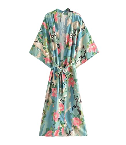 Mnjyihy Women Floral Print Rayon Cotton Sashes Bohemian Kimono Robe V Neck Boho Bikini Cover-Ups