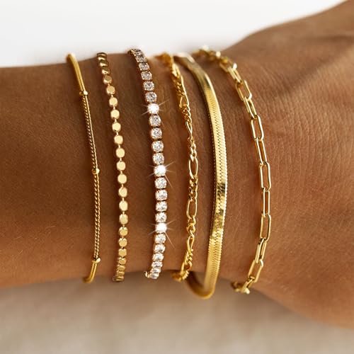 DEARMAY Waterproof Gold Bracelets Set for Women Trendy, Dainty 14K Real Gold Plated Jewelry Fashion Stackable Tennis Beaded Figaro Herringbone Paperclip Link Bracelet Pack Stack Gifts for Women2