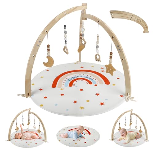 Gimnasio para Bebés,Arco de Juego con Alfombra para Gateo,Gimnasio Interactivo,9 Actividades,Arco de Juego de Madera Natural para Bebés de 0 a 18 Meses