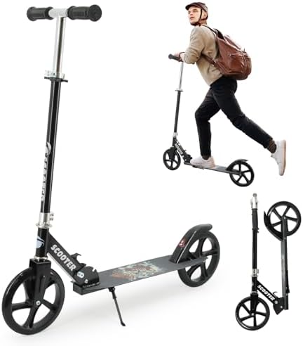 Scooter for Kids Ages 6+, Teens & Adults, Lightweight Kick Scooter 3 Adjustable Heightand Rear Brake, Big Sturdy Urethane Wheels, Foldable Scooter for Indoor & Outdoor. (Black)
