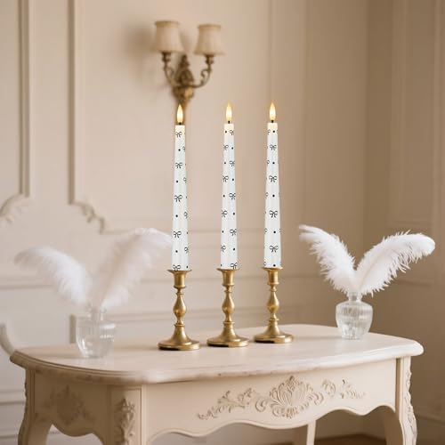 Image of Flameless Taper Candles with Remote, Black Bow and Dot Flameless Candles | Flickering LED Candlesticks with Remote and Timer, Warm 3D Wick Light, Home Table Mantel Party Festival Decor 9.6 Inches