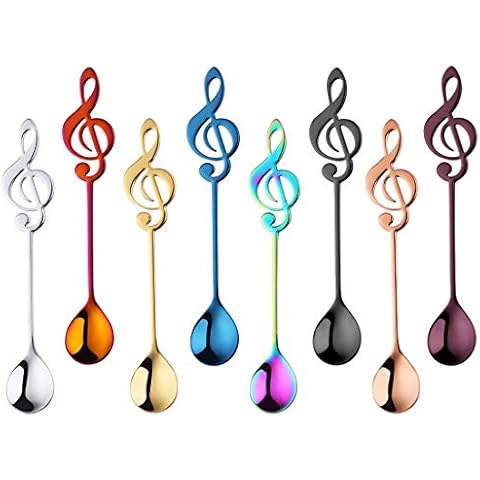 Coffee Spoons Tea Dessert Espresso Musical Note Stainless Steel 304 Long Handle Black Rose Gold Blue Purple Rainbow Silver Megic Red Set of 8 Cover