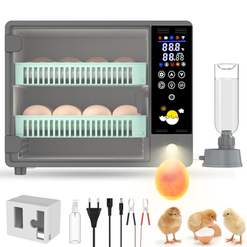 Brutautomat Vollautomatisch für 24 Eier - Brutmaschine mit 12V/220V Dualer Stromversorgung Automatischer Wendung & Ultraschall-Befeuchtung - Inkubator inkl. LED-Display & Schierlampe für Geflügel