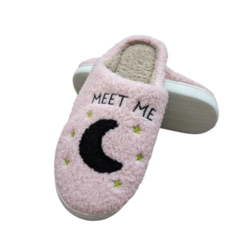 Meet Me at Midnight Cozy Plush Slippers for Women,Pink House Slippers2