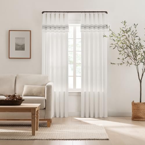 Mercantile Drop Cloth Stripe Curtain Panel, Light Filtering Ring & Tab Top with Attached Valance, 63 in Long x 50 in Wide, Farmhouse Single Window Panel, Bedroom & Living Room, Grey Stripe