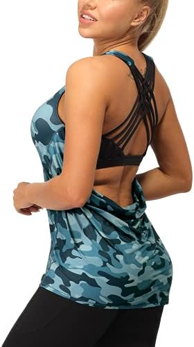 icyzone Damska koszulka sportowa z wbudowanym biustonoszem 2 w 1 do jogi, fitnessu, treningu