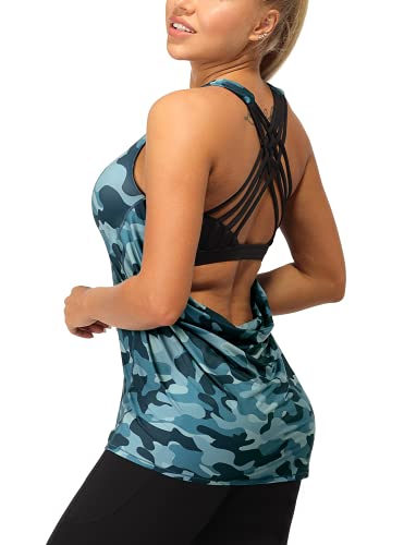 icyzone Yogatoppar för kvinnor med inbyggd BH, träning, gym, linne, sportväst, Marinblå kamouflage, M