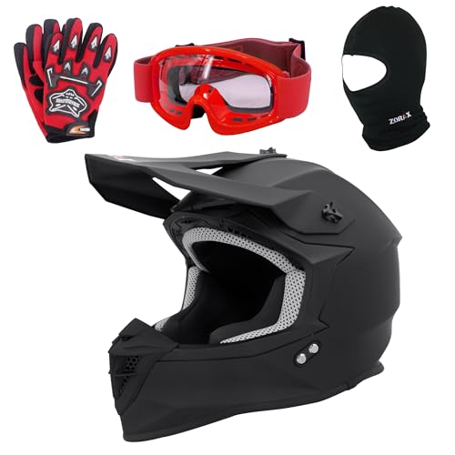 Zorax Matt Black XL (61-62cm) ZOR-X303 Motocross Motorbike Helmet Dirt Bike Helmet & Red Gloves XL(11cm) & Red Goggles & Balaclava