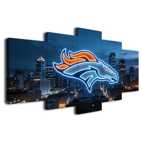 Denver City American Football Wall Art Broncos Poster Denver City Skyline Sports Neon Sign Badge Canvas Prints 5Piece Set for Fans Home and Office Decor Large Framed Prints Ready to Hang (style4,60x100cm-Framed-5pcs)