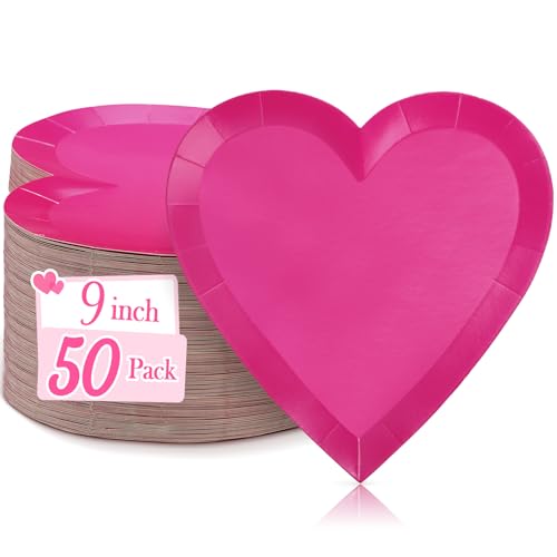 Domensi 50 Pcs Paper Plates Bulk Heart Shaped Disposable 9 Inch Dinner Dessert Cake Plates for Birthday Wedding Party Supplies(Rose Red)