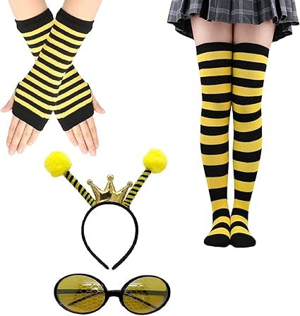 WaaRiuQ 4Pcs Bee Costume Bee Headband with Bee Sun Glasses Black Yellow Striped Knee High Stocking and Long Gloves for Adults Animal Fancy Dress for Halloween World Book Day and Party Cosplay