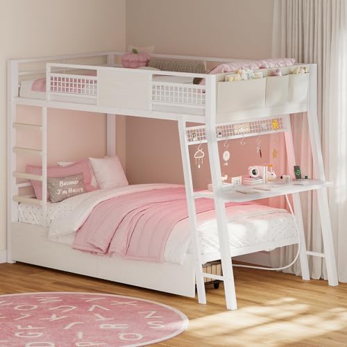 HAUOMS Bunk Bed with Desk, Twin Over Twin Metal Bunk Beds with Power Outlets, RGB LED Lights, 2 Larger Storage Drawers, Bed with Safety Guardrail & Ladders, No Box Spring Needed (White)