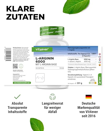 vit4ever L-Arginin - 365 Kapseln - 6000 mg reines L-Arginin pro Tagesdosis - Hergestellt durch pflanzliche Fermentation - Hochdosiert, ohne unnötige Zusätze, vegan