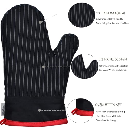 Win Change Oven Mitts and Pot Holders Sets,Oven Mitts and Potholders with Cotton High Heat Resistant Extra Thick Long Oven Mitts for Cooking 4 Pcs,Black Red