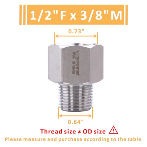 Image of Forged Reducer Adapter Fitting - Stainless Steel 304 Reducing Pipe Connector, 1 /2 inch NPT Female x 3 /8 inch NPT Male (pack of 5)