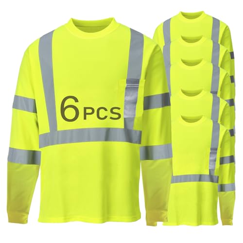 SG-safelife High Visibility Shirts for Men 6 pack, Hi Vis Reflective Breathable Safety Shirt for Work Warehouse, Long Sleeve Durable Shirts (Yellow, Large)