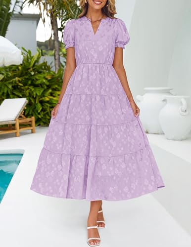 ZESICA Womens 2025 Summer Puff Short Sleeve Midi Dress Floral V Neck Textured Ruffle Flowy Beach Party Dresses2