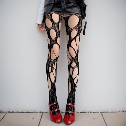 HeiBai Xiong Rave Lace Tights Women Goth Ripped Sheer Mesh Cutout Distressed See Through Punk Vintage4