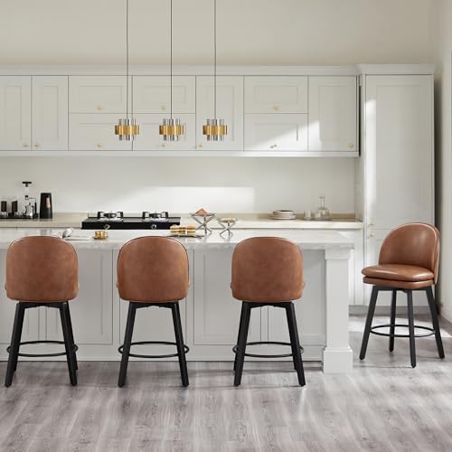 Counter Height Barstools 26 inch Upholstered Swivel Bar Stools with Back and Wood Legs for Kitchen Island,Set of 4,Brown PU Leather-Armless by KISLOT - Used condition - Image 4