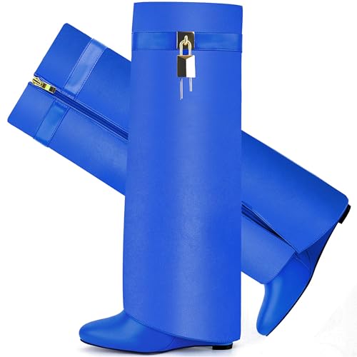 Image of Fold Over Boots for Women Pointy Pull-on Wedge Heel Knee Shark Boot With Side Zipper Padlock Design