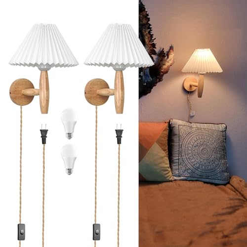 Frideko Plug in Wall Sconces Set of Two Rustic Wall Lamp with Plug in Cord Indoor Wall Light Fixtures with Fabric Lampshade Farmhouse Wall Sconce Boho Sconces Wall Lighting for Bedroom Living Room