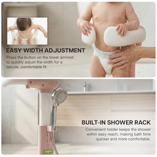 Image of BAYBEE Babyflo Shower Bath Stand for Baby for 0 - 3 Years for Kids | Baby Standing Bath Stand with Adjustable Height & Width | Foldable Kids Bathstand with Shower Holder & Anti-Slip Base (Pink)