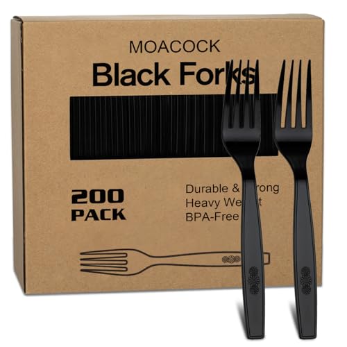 MOACOCK 200 Count Black Plastic Forks Plastic Forks Heavy Duty Disposable Forks Set for Wedding Party Supplies Everyday Use