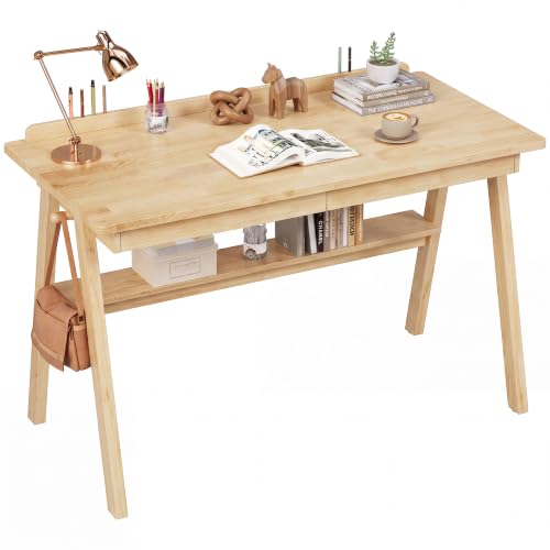 ENPKLUTE 100% Solid Wood Desk with Drawers & Storage Shelf - 48 x 24 Inch Natural Boho Desks, Vintage Writing Desk with Deeper Desktop, Home Office Computer Desks for Bedroom & Home-Natural