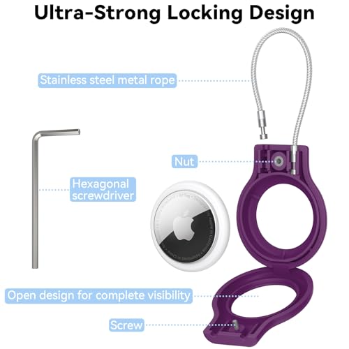Image of Meliya at Holder for Apple at Secure Holder with Wire Cable, 4 Pack Air Tag Lock Case Keychain Key Ring Key Chain Luggage Tag for Keys, Luggage & More - Dark Purple
