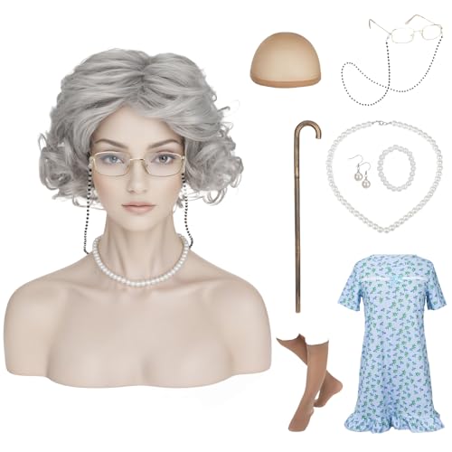 SEGOHAIR Halloween Old Lady Wig for Women, Granny Costume Dress