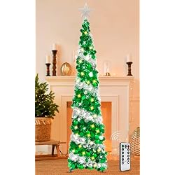 HISFFOG 5FT Pop Up Christmas Tree with 8 Rmote Lights Modes - Dual Color Sequin Tinsel Christmas Tree, Collapsible Artificial Pencil Christmas Trees Decorations for Home, Apartment, Office, Party