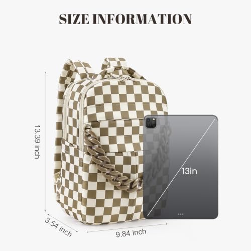 hibear Checkered Backpack for Women Small Trendy Slouchy Backpack Cute Daypack for Travel/Daily Shopping with Chain (Khaki Green) - image 6