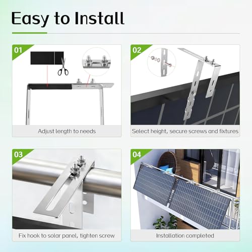 SUPAWAY 4x Balkonhalterung für Solarmodule Haken, Einstellbare 6-18cm Balkonkraftwerk Haken, Edelstahl 304 Dicke 2mm, Solarpanel Halterung mit Schrauben Set für Eckig Runde Geländer, Kein Bohren