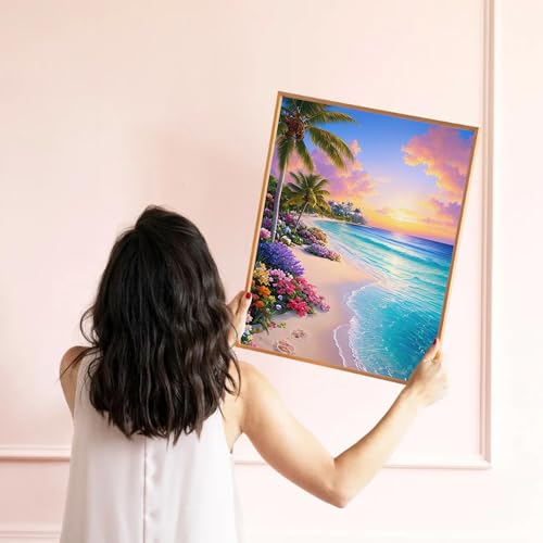 eniref Diamond Art Kits for Adults,Beach Sunset DIY 5D Round Full Drill Diamond Painting Gem Art Kits for Crafts Gift and Home Wall Decor,Flowers Coconut Trees Sea Diamond Dots Kit 12x16 Inch - Thumbnail 4