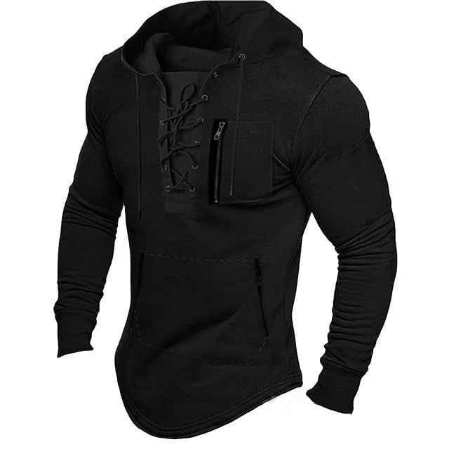 Men's Hoodies tactical hoodie Men Lace Up Sweatshirts Slim Fit Athletic Pullover Outdoor Long Hoodie with Pocket