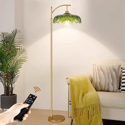 QIYIZM Gold Floor Lamp for Living Room,Bedroom,Mid Century Modern Standing Lamp with Remote,Dimmable Brass Tall Lamp Green Glass Lamp Shade Vintage Retro Arc Floor Lamps Floor Light Boho Bohemian
