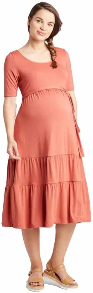Isabel Maternity by Ingrid & Isabel Women's Maternity Elbow Sleeve Tiered Knit Dress - Waved Red - (Medium)
