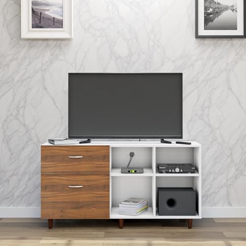 Image of VIKI Modern TV Unit for Living Room | Engineered Wood TV Cabinet with 2 Drawer Storage & 2 Open Shelves, Entertainment Unit, 140W x 74H x 40D cm | DIY | 1 Year Warranty (White & Walnut)