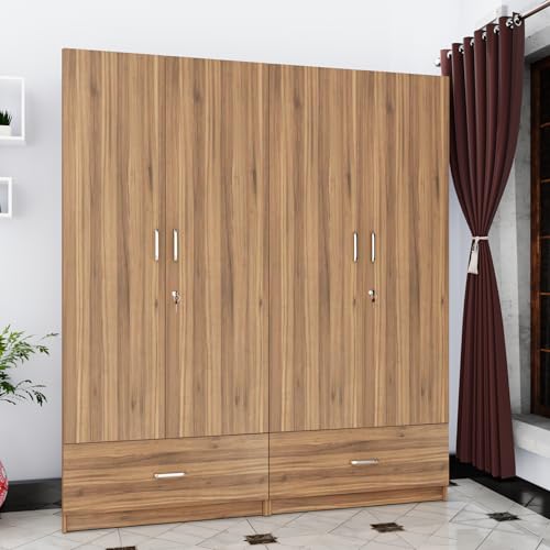 Image of VIKI Wardrobe |Wooden Almirah for 4 Door Wardrobe with 2 Split Drawer & Hanging Space (Brussel Walnut - 40D x 160W x 180.8H) | 1 Year Warranty | Free Assembly