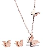 showfay 18k Rose Gold Necklace Stainless Steel Butterfly Pendant Jewelry Gifts For Women (set)