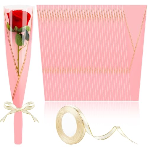 Mauproy 100 Pack Single Rose Sleeves Flower Wrapping Bags Single Flower Packaging Bags with Ribbons for Graduation Wedding Birthday Florist Supplies (Pink)