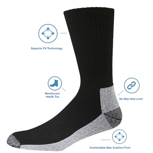 Men's Cushion Crew Socks, 10Pairs Athletic Running Socks,Cotton Sport Dry Fit Socks (US13-15,Black/GreySole)2