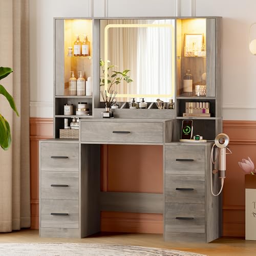Image of HUANLEGO Makeup Vanity Desk with Mirror and LED Lights for Girls, Grey | Farmhouse Dressing Table Set for Women, LED Glass Cabinet, 7 Drawers, Power Outlet, Hair Dryer, 3 Lighting Modes