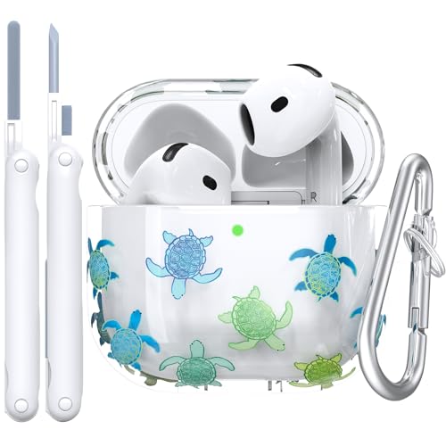 Case Cover Compatible with AirPods 4th Generation 2024, Wireless Charging, Shockproof, Soft TPU Transparent Reduced Yellowing for AirPods 4 Cases with Cleaning Kit & Carabiner (Turtles)