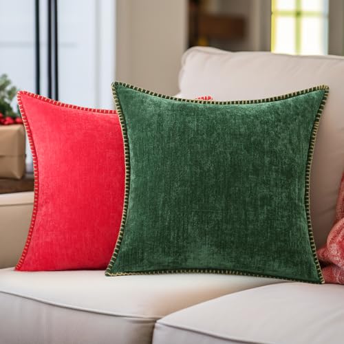 Image of decorUhome Soft Chenille Throw Pillow Covers 18x18 Set of 2 Christmas Red