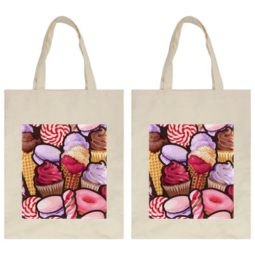 VAPOKF Sacs fourre-tout en toile, réutilisables, respectueux de l'environnement, sacs à bandoulière pour le shopping, le travail, l'école, les voyages, le quotidien – Crème glacée, macaron et bonbons,